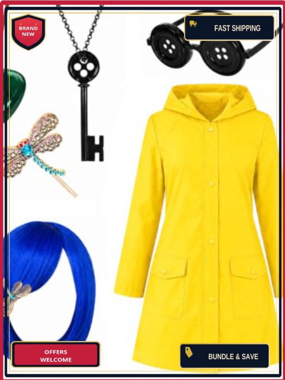 6 Pc Halloween Raincoat Costume Set with Wig Glasses Necklace Hair Clip